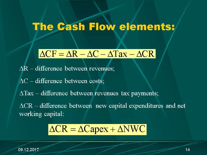 09.12.2017 14 The Cash Flow elements:   ΔR – difference between revenues; ΔС